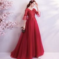 Red v neck lace long prom dress A line evening gown - Thumbnail 5