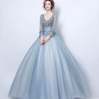 Blue lace applique long prom gown evening dress - Thumbnail 1