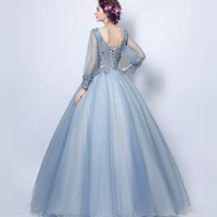 Blue lace applique long prom gown evening dress - Thumbnail 2