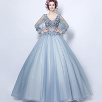 Blue lace applique long prom gown evening dress - Thumbnail 4