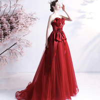 Red tulle long prom dress A line evening gown - Thumbnail 1