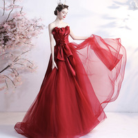 Red tulle long prom dress A line evening gown - Thumbnail 2