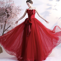 Red tulle long prom dress A line evening gown - Thumbnail 3