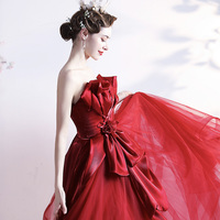Red tulle long prom dress A line evening gown - Thumbnail 4