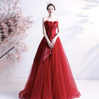 Red tulle long prom dress A line evening gown - Thumbnail 5