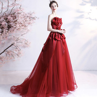Red tulle long prom dress A line evening gown - Thumbnail 7