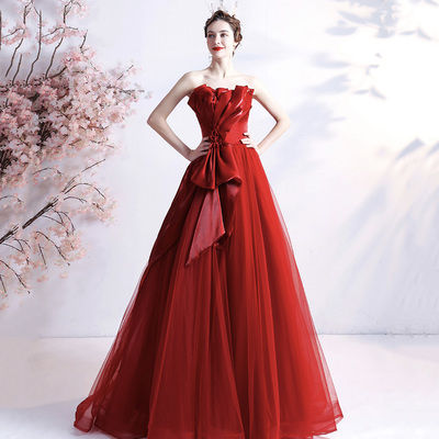 Red tulle long prom dress a line evening gown - Thumbnail 3