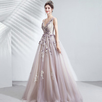 Purple tulle long A line prom dress evening gown - Thumbnail 2