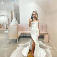 Simple Mermaid Cowl Neck Spaghetti Straps Satin Wedding Dresses with Slit - Thumbnail 1