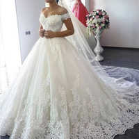 SP1851,Charming Ivory Off The Shoulder Lace Applique Wedding Gown with Long Train - Thumbnail 1