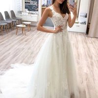 SP1853,A-line V-neck Tulle Long Prom Wedding Dresses With Lace Appliques - Thumbnail 1