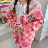 New sweet plaid embroidered sweater - Thumbnail 1