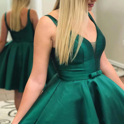 Sp1872,a-line v neck emerald green satin homecoming dresses