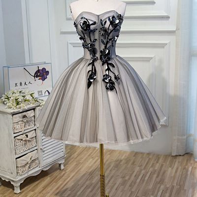Sp1880,grey strapless tulle applique mini prom dresses,school dance dress - Thumbnail 4