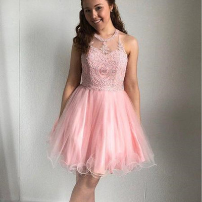 Sp1882,pink sleeveless a line lace organza homecoming dresses