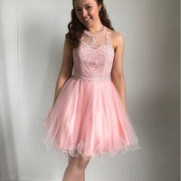 SP1882,Pink Sleeveless A line Lace Organza Homecoming Dresses - Thumbnail 1