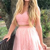 SP1884,Cap Sleeves Two Piece V-neck Coral Lace Homecoming Dress With Beaded  - Thumbnail 1