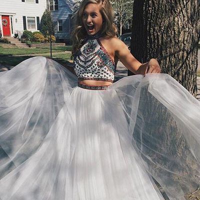 Sp1886,halter neck two piece embroidery prom dress with beading