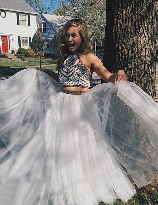 SP1886,Halter Neck Two Piece Embroidery Prom Dress with Beading