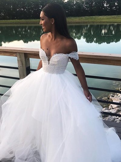 SP1887,Off-the-Shoulder Tulle White Long Prom Dress,Princess Bridal Dress
