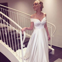 SP1890,Simple off the shoulder satin a line wedding gown,white bridal dresses - Thumbnail 1