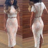 SP1891,Two-Piece Short Sleeve Ankle Length Lace Sheath Prom Dress With Split - Thumbnail 1