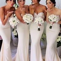 SP1893,Cheap Mermaid Sweetheart Sleeveless Sweep Brush Train Satin Bridesmaid Dress - Thumbnail 1