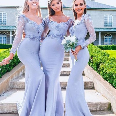 Sp1894,exquisite mermaid elastic woven satin off the shoulder long sleeves floor length bridesmaid dress