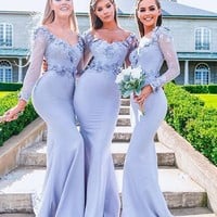 SP1894,Exquisite Mermaid Elastic Woven Satin Off The Shoulder Long Sleeves Floor Length Bridesmaid Dress - Thumbnail 1