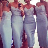 SP1898,Discount Sheath Spaghetti Straps Sleeveless Satin Knee Length Bridesmaid Dress - Thumbnail 1