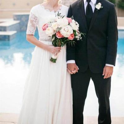 Lace a-line beading ivory scoop chiffon half sleeve floor-length wedding dresses,602 - Thumbnail 5