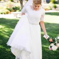 Lace A-Line Beading Ivory Scoop Chiffon Half Sleeve Floor-Length Wedding Dresses,602 - Thumbnail 1