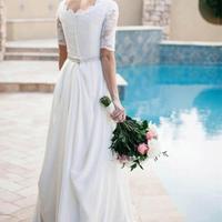 Lace A-Line Beading Ivory Scoop Chiffon Half Sleeve Floor-Length Wedding Dresses,602 - Thumbnail 2