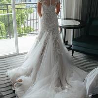 Sheath Off the Shoulder Court Train Ivory Tulle Wedding Dresses with Lace Appliques,603 - Thumbnail 1
