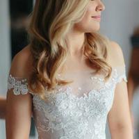 Sheath Off the Shoulder Court Train Ivory Tulle Wedding Dresses with Lace Appliques,603 - Thumbnail 2