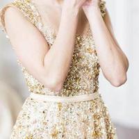 Illusion Neck Beading Long Gold Wedding Dress with Sheer Back Long Prom Dresses,604 - Thumbnail 1