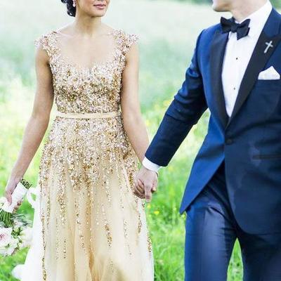 Illusion neck beading long gold wedding dress with sheer back long prom dresses,604 - Thumbnail 3