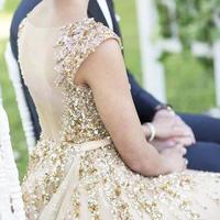 Illusion Neck Beading Long Gold Wedding Dress with Sheer Back Long Prom Dresses,604 - Thumbnail 2