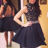 SP1902,Cheap A Line Sleeveless High Neck Taffeta Lace Short Mini Homecoming Dress - Thumbnail 1
