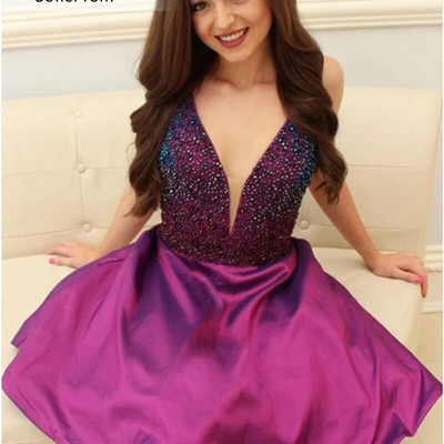Sp1905,a-line v-neck beading bodice short prom homecoming dress - Thumbnail 3