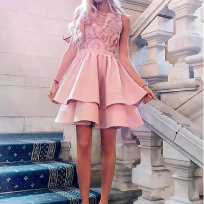 Sp1906,chic pink round neck tiered a-line homecoming dress 