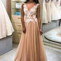 SP1907,Elegant V Neck Sleeveless Long Lace Prom Dress - Thumbnail 1