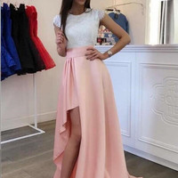 SP1909,Simple Round Neck Cap Sleeves Lace top Long Prom Dress - Thumbnail 1