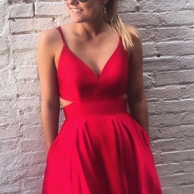 Sp1911,simple v-neck cut-out a line spaghetti straps short party dress