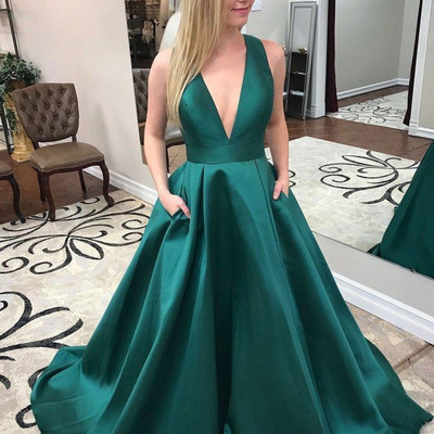 Sp1915,sexy dark green satin deep v-neck a-line long prom dress formal gown with bow back - Thumbnail 4