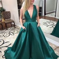 SP1915,Sexy Dark Green Satin Deep V-Neck A-Line Long Prom Dress Formal Gown With Bow Back - Thumbnail 1