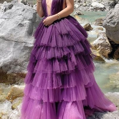 Sp1916,purple tiered tulle skirt prom dresses deep v-neckline sexy evening dresses - Thumbnail 3
