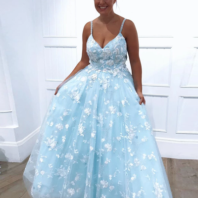 Sp1918,a-line light sky blue prom dresses, appliques tulle long graduation dress - Thumbnail 1