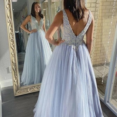 Sp1920,a-line v-neck tulle lace appliques long prom dresses formal dress - Thumbnail 2