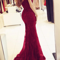 SP1919,Off-the-Shoulder Mermaid Tulle Beaded Burgundy Prom Evening Dress - Thumbnail 1